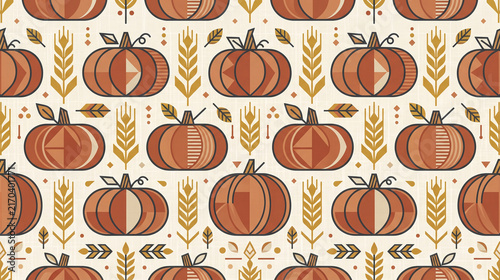 Seamless autumn pattern with stylized pumpkins and wheat stalks on cream background