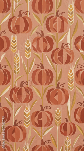 Seamless autumn pattern with stylized pumpkins and wheat stalks in warm terracotta tones