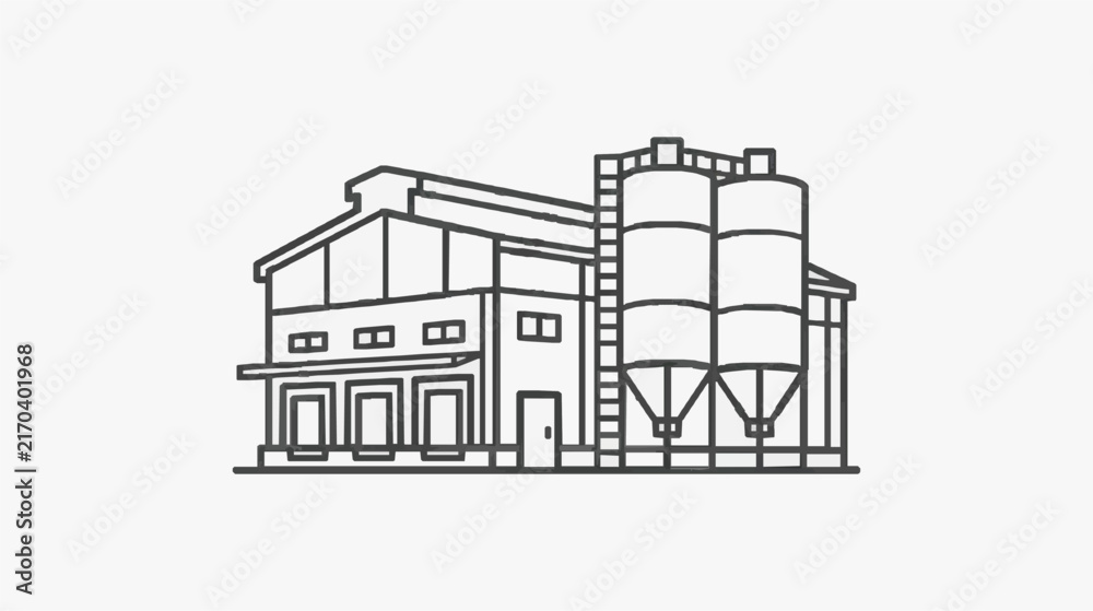 Fototapeta premium Modern Brewery Building with Silos and Industrial Architecture Sketch