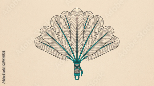 Traditional Chinese feather fan illustration in minimalist vintage style