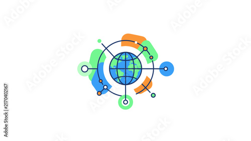Abstract global network vector icon showing planet Earth connected with digital nodes, data lines, and colorful shapes on white background.