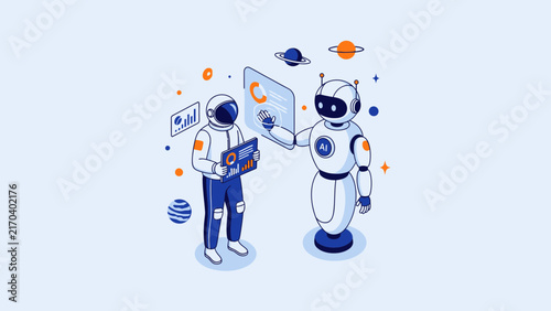 Futuristic isometric illustration of an astronaut collaborating with an AI robot on space exploration data analysis and technology interface.
