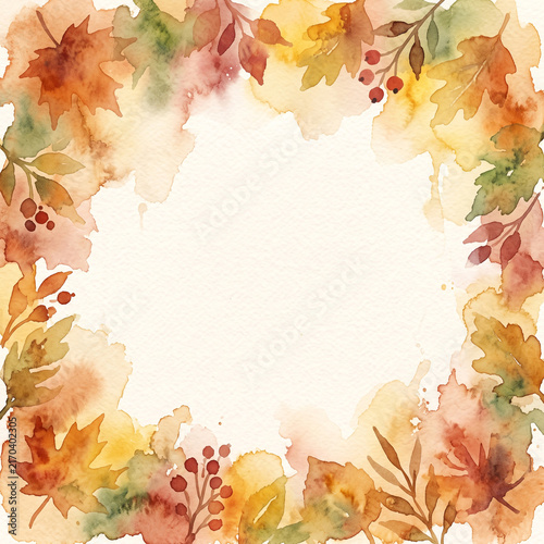 Watercolor autumn leaves frame with blank copy space for text