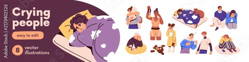 Sad persons cry, woman and man characters in grief, tears, bad mood. Upset sa...