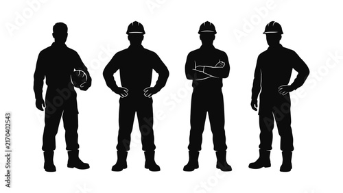 industrial worker silhouettes collection standing construction workforce figures isolated on white background, labor team icons, engineering and safety personnel set