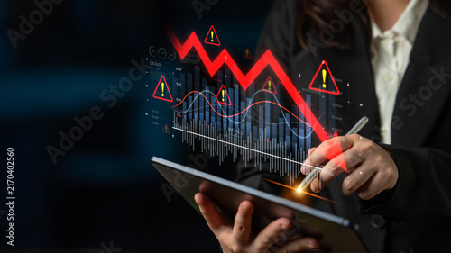 Canvastavla Economic caution visualized with fluctuating market graph, alert symbols, and negative data trends