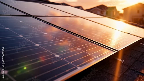 Solar panels on rooftop capturing sunlight for renewable energy during golden hour sunset