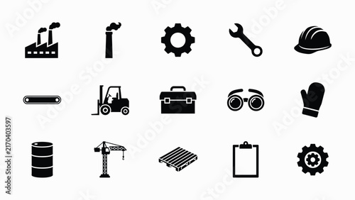 Black and white icons representing industrial equipment and safety gear in a clean minimalist style with Collection simple black icons