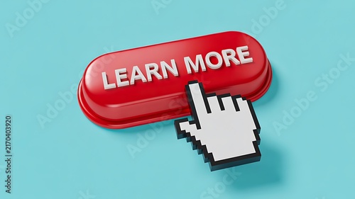 Red learn more button with computer cursor on blue background