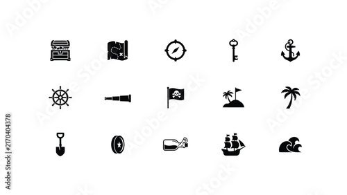 Black and white vintage icons representing classic pirate themed symbols with Collection monochrome line icons