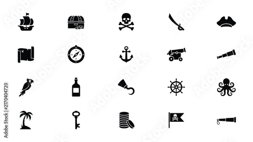 Classic pirate themed icons set with Black white vector icons symbols associated pirate themes maritime adventures skullandcrossbones chesttreasure