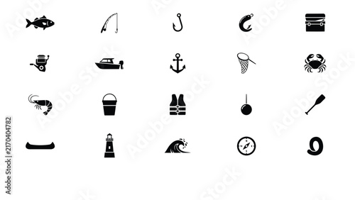 Black and white fishing and boating icons collection on light background with creatures equipment minimalist related icons various tools sea creatures