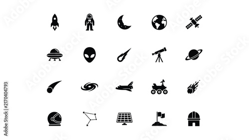 Collection of space and astronomy icons in clean black and white flat design style with exploration astronomy elements icons with icons
