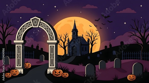 Naklejka Haunted graveyard with moonlit gate and pumpkins