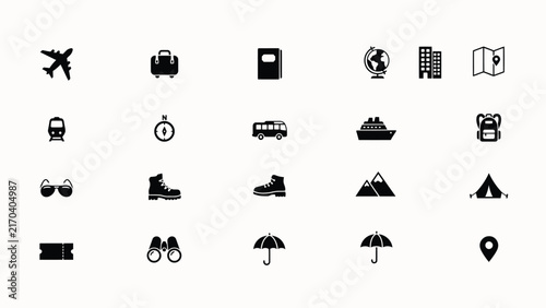 Collection of travel and transport icons in minimalist black with Set simple black white icons representing various travel transportation related symbols