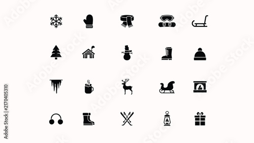Collection of winter themed icons featuring outdoor activities and seasonal elements in minimalist black with activities arranged grid layout