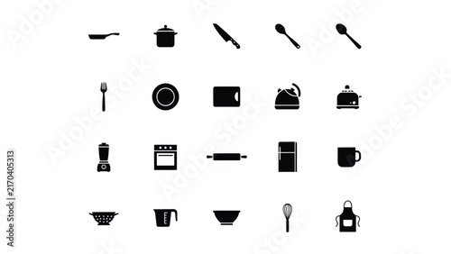Collection of black and white kitchen tools and appliances arranged in clean vector icons with cooking food preparation small appliances used