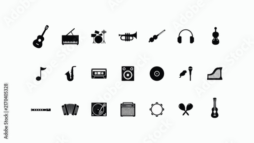 Collection of black and white musical instruments and audio equipment icons in minimalist vector style with audio devices arranged arranged grid layout