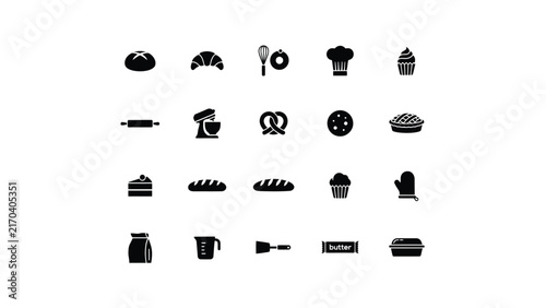 Collection of black and white baking and kitchen icons in minimalist style with kitchen tools ingredients icons illustrate various ingredients clean vector