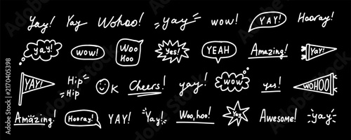 Black and White Bubble Speech with Yay Text Set. Yay Typography Balloon Sticker Kit. Playful Hurray Speechbubble Chat Collection. Handdrawn Vector Illustration