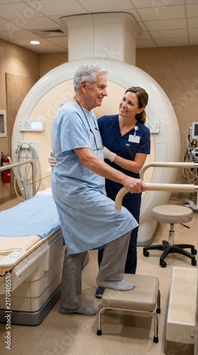 Senior male patient in hospital gown stepping onto stool with assistance from female healthcare worker in medical imaging room with CT scanner.