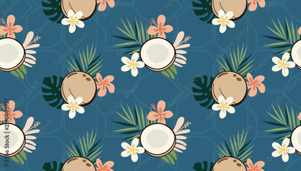 Obraz premium Seamless vector tropical pattern featuring coconuts, green palm leaves, and colorful exotic flowers on a blue background.