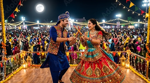 Indian couple performing garba dance with dandiya sticks at night event