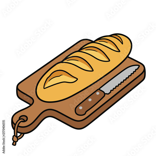 A freshly baked loaf of bread rests on a wooden cutting board next to a serrated knife.