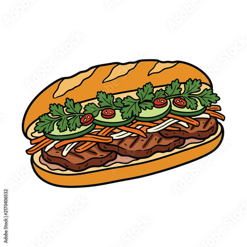 A delicious and colorful illustration of a Vietnamese Banh Mi sandwich filled with grilled meat, fresh vegetables, and herbs.