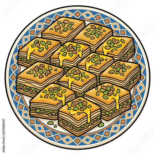 A plate of delicious, golden-brown baklava pastries topped with chopped pistachios and syrup.