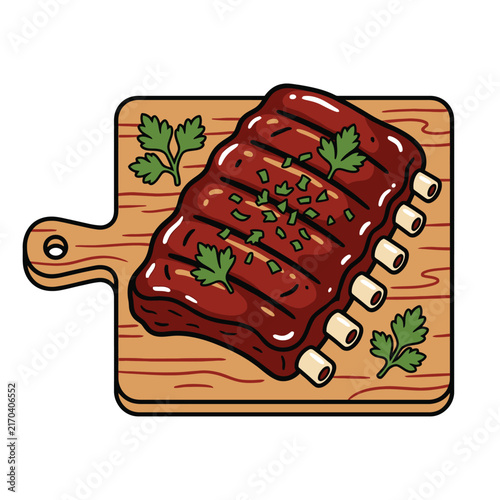A delicious rack of barbecue ribs, glazed with a rich sauce and garnished with fresh parsley, served on a rustic wooden cutting board.