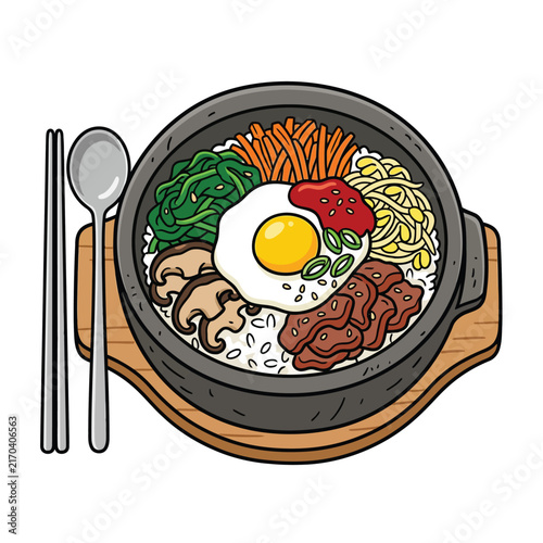 A delicious and colorful illustration of a Korean bibimbap served in a hot stone bowl with chopsticks and a spoon.