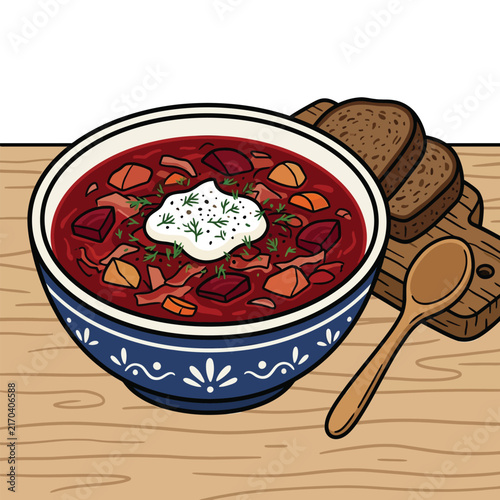 A hearty bowl of borscht soup, topped with a dollop of sour cream and fresh dill, served with slices of dark bread on a wooden board.