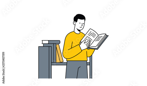 Man reading book near bookshelf flat illustration, student studying with open book vector, man standing by library shelf illustration