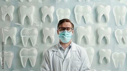 Dentist in lab coat with surgical mask.