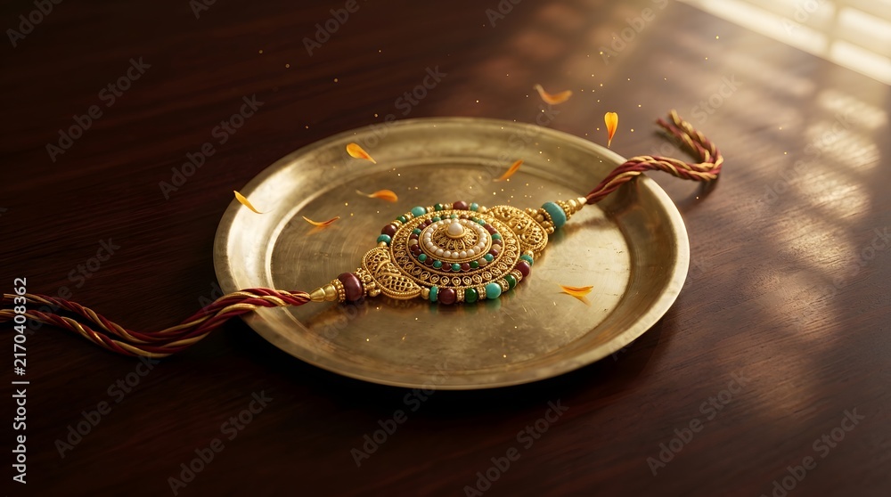 Fototapeta premium Decorative Rakhi bracelet placed on a brass plate for the Indian festival of Raksha Bandhan.