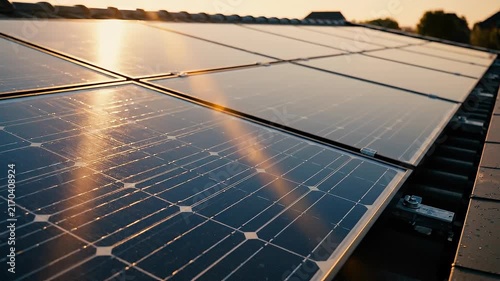 Close up of solar panels capturing sunlight for renewable clean energy production outdoors