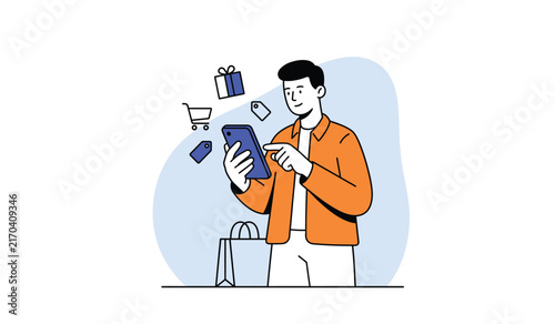 Man browsing fashion app on phone flat illustration, online clothing store mobile vector, man receiving package delivery illustration