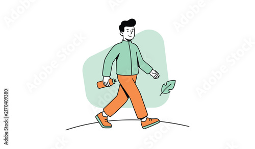 Man walking with water bottle flat illustration, Casual man taking a walk vector concept, Healthy lifestyle walking illustration