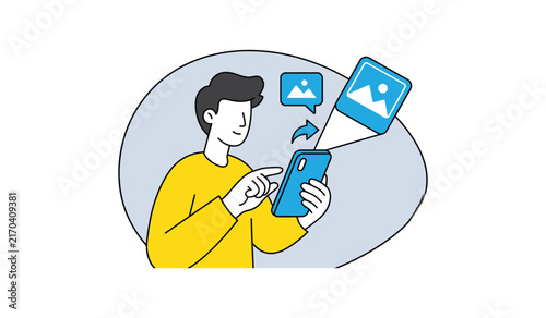 Man sharing photo on smartphone flat illustration, image sharing mobile app vector concept, man sending picture on phone illustration