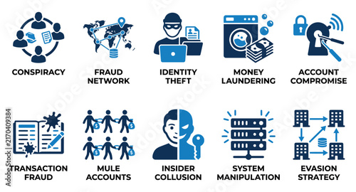 Bild auf Leinwand Set of ten digital crime icons representing cyber security threats fraud money laundering and identity theft Minimal solid fill icon set bundle collection