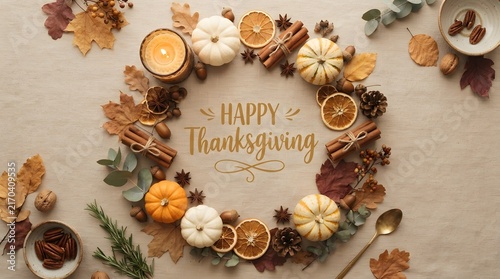 Happy Thanksgiving Autumn Flat Lay with Candle Pumpkins and Cinnamon.