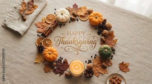 Happy Thanksgiving Autumn Flat Lay with Candle Pumpkins and Cinnamon.