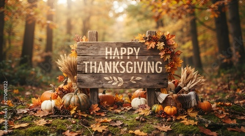 Happy Thanksgiving Rustic Wooden Sign with Autumn Pumpkins and Leaves.