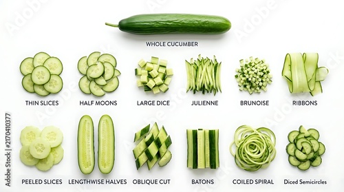 Cucumber cutting techniques and vegetable preparation styles on white background