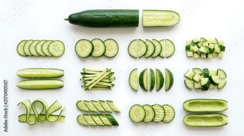 Fresh cucumber slices, diced pieces, and julienne strips collection on white background.