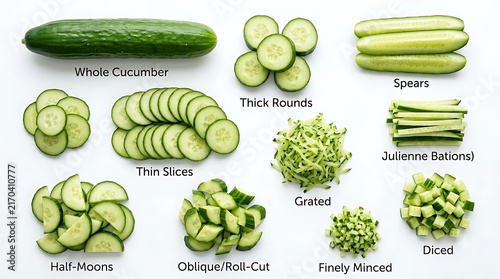 Fresh cucumber cuts and slices collection showing various culinary preparation techniques