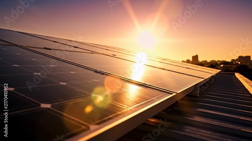 Solar panels capturing sunlight on rooftop with city skyline background at sunset