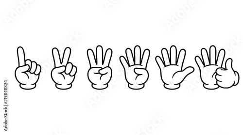 Hand gestures set with cartoon hands featuring one, two, three, four, five, and six fingers with black outlines and white gloves