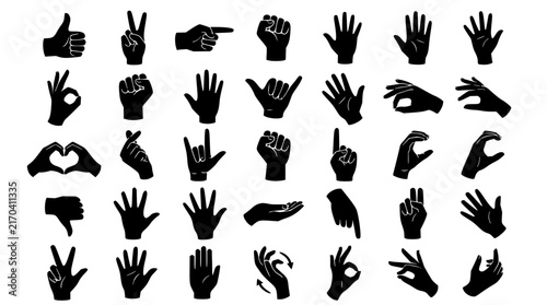 Hand gestures set with black silhouettes featuring thumbs up, peace sign, pointing, okay sign with heart shape and rock on gesture